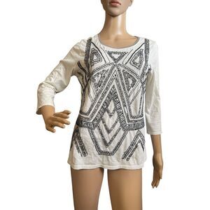 Coldwater Creek Cream Geometric Beaded Sequined Top Art Deco ‎ 3/4 Sleeve Tee XS